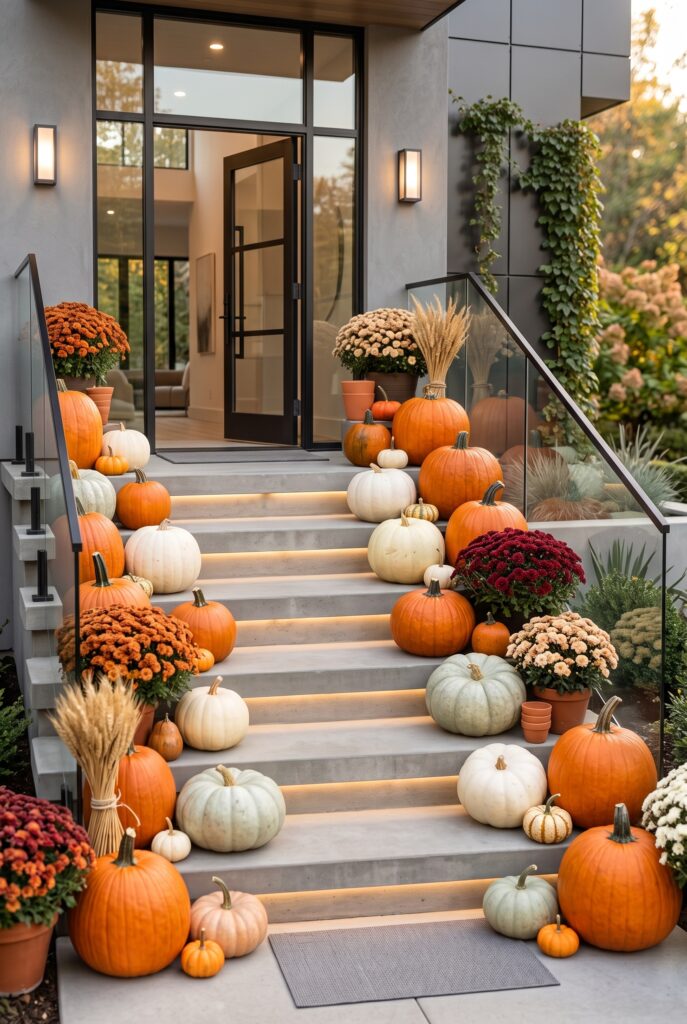 A vertical shot of a modern house entrance featuring concrete steps with integrated warm LED strip lighting and glass railings, lined with various sizes of orange, white, and pale green pumpkins, potted chrysanthemums, and bundles of dried wheat.