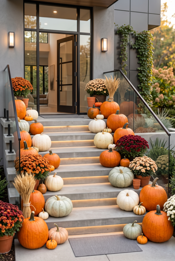 A vertical photograph showing a rustic wooden staircase covered in a dense arrangement of pumpkins and autumnal flowers. The steps are lined with orange, white, and pale green heirloom pumpkins in varying sizes, potted chrysanthemums, dried wheat stalks, and a lantern, creating a cozy and luxurious fall front porch display.