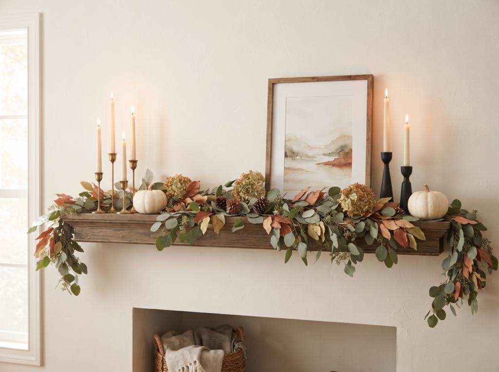 Fireplace mantel decorated for Thanksgiving with greenery garland, candles and small white pumpkins