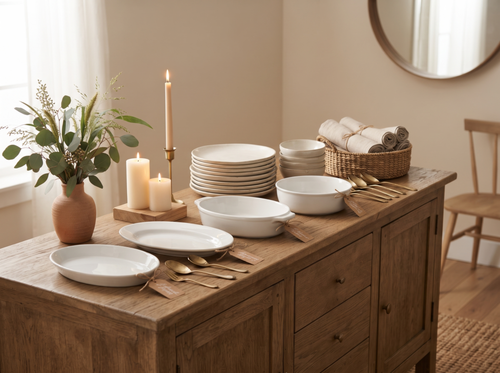 Thanksgiving buffet table with stacked plates, labeled empty serving dishes and candles