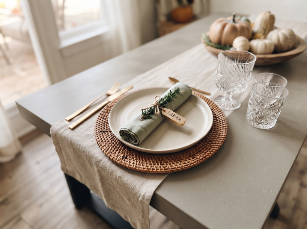 Thanksgiving place setting with layered plates, linen napkin tied with twine and a rosemary sprig