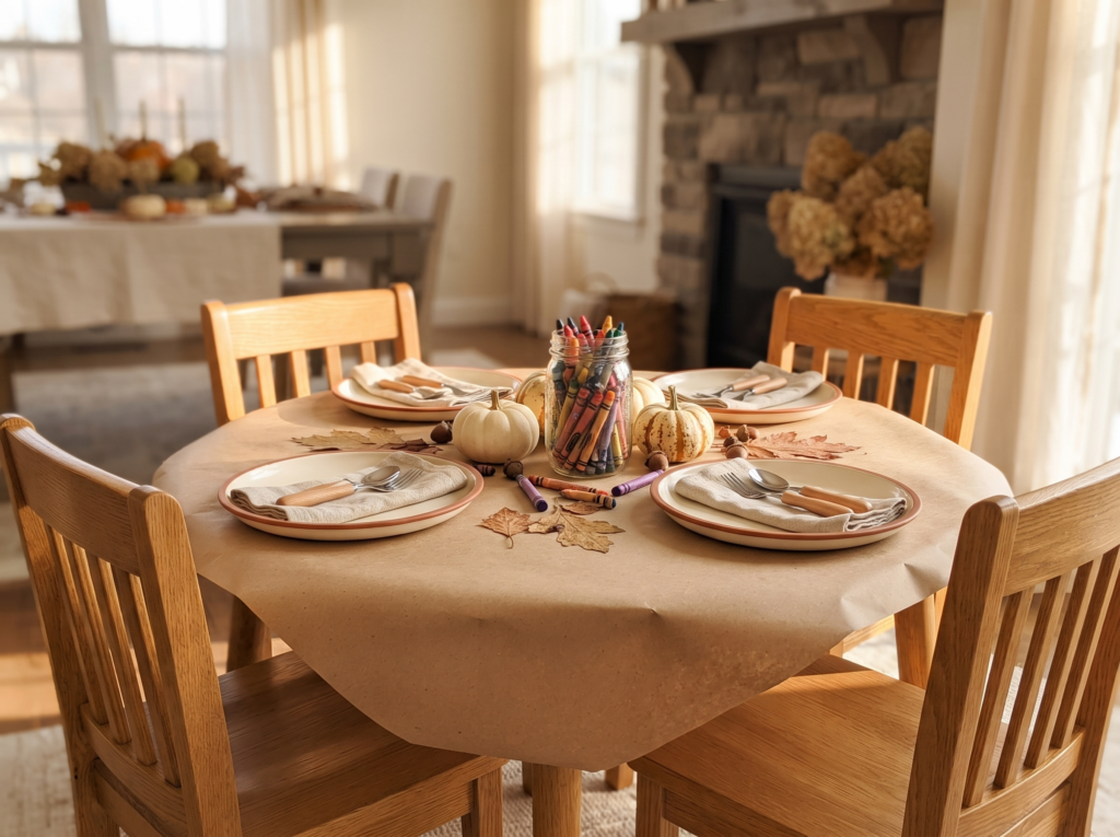 Children's Thanksgiving table covered with kraft paper, crayons in a jar and mini pumpkins