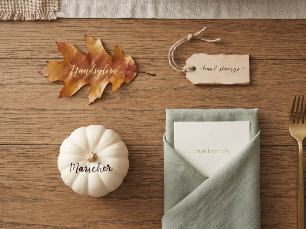 Thanksgiving place cards made from a leaf, a wooden tag, a mini pumpkin and a folded card