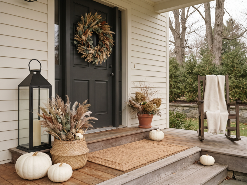 Front door decorated for Thanksgiving with a dried wheat wreath, white pumpkins and a lantern