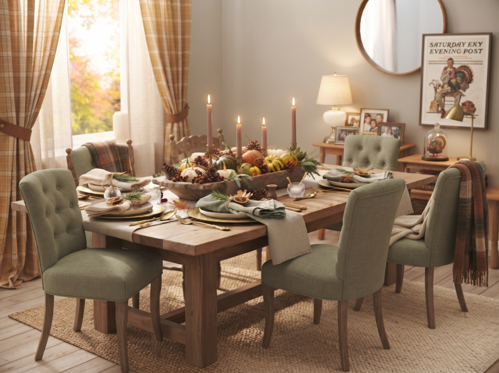 Thanksgiving table decorated with a linen runner, layered plates, candles and white pumpkins