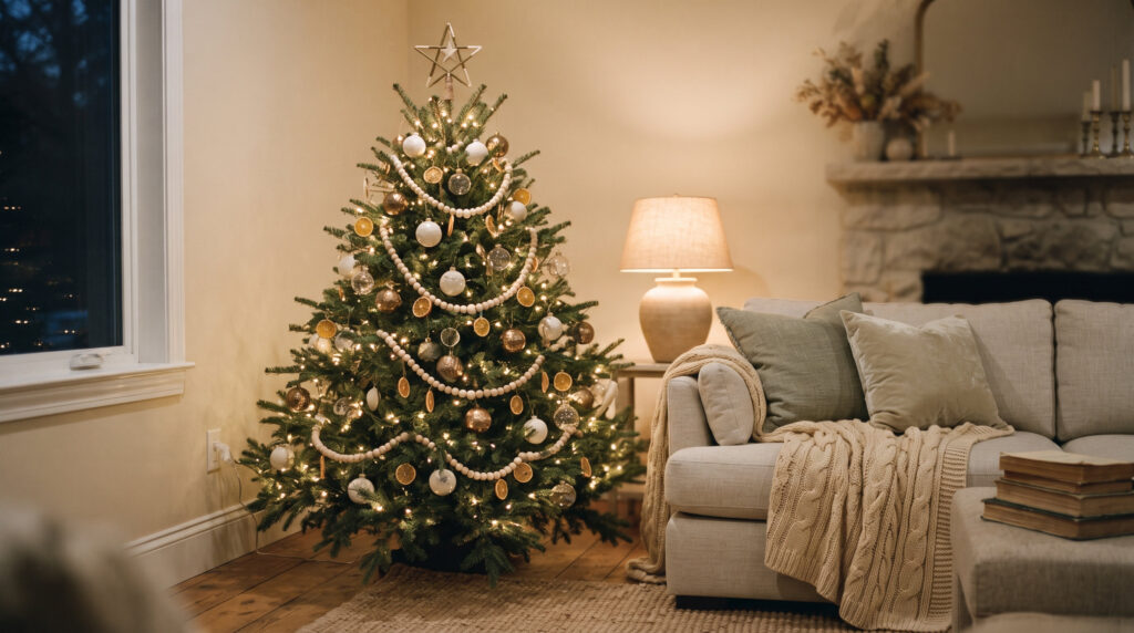Christmas tree decorated with cream and brass ornaments and warm white lights in a living room